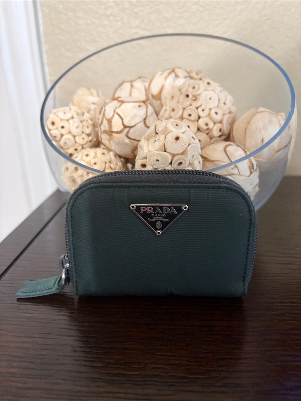 Prada Dark Green Nylon Zip Coin Pouch with Silver Logo